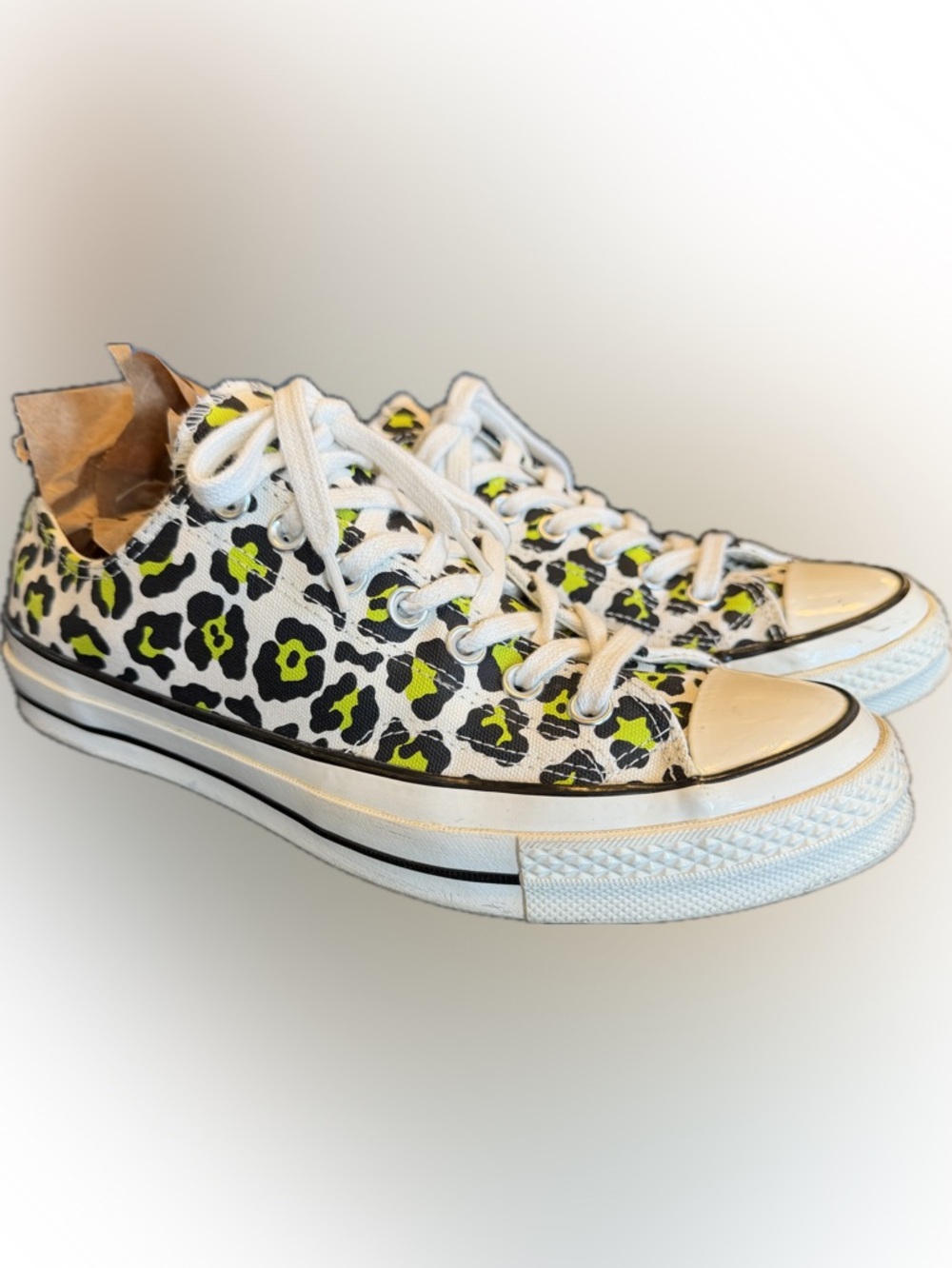Converse All Star Leopard Print Canvas Sneakers in White, Black & Neon Yellow
